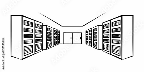 A library interior with multiple bookshelves and a door in the background in a black and white drawing on transparent background