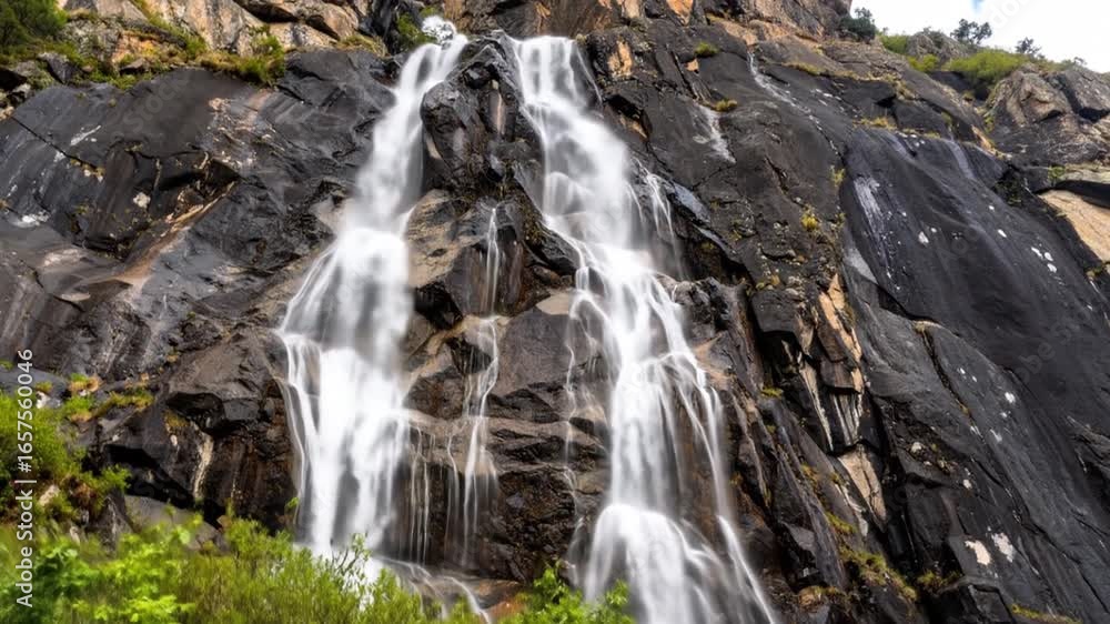 Long exposure shot of a tiered waterfall flowing over dark rocks Long exposure shot of a tiered waterfall flowing over dark rocks