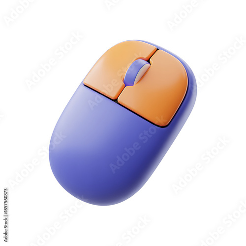 Stylized computer mouse with violet base and orange buttons on transparent background