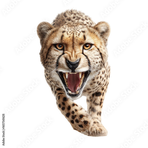 Fierce cheetah charging forward with teeth bared, striking pose