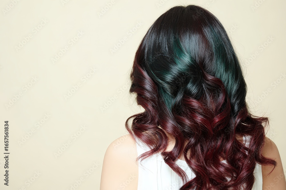 Obraz premium Wavy, colorful hair showcases a burgundy and teal ombre style against a neutral backdrop.
