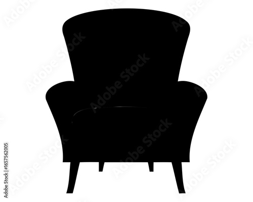 Silhouette of a plush high back armchair with sturdy wooden legs