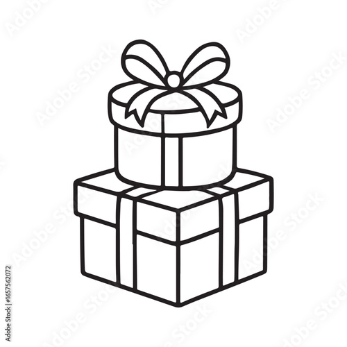 Two stacked line art gift boxes display a round topped box with bow