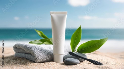 A serene beach scene featuring a white cosmetic tube, soft towel, smooth stones, and a toothbrush, with gentle waves and a clear sky in the background, ideal for wellness and beauty promotions