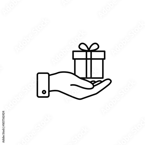 Hand Offering a Gift Box with Ribbon Line Art Icon.