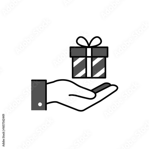 Hand Offering Striped Gift Box with Bow Icon.