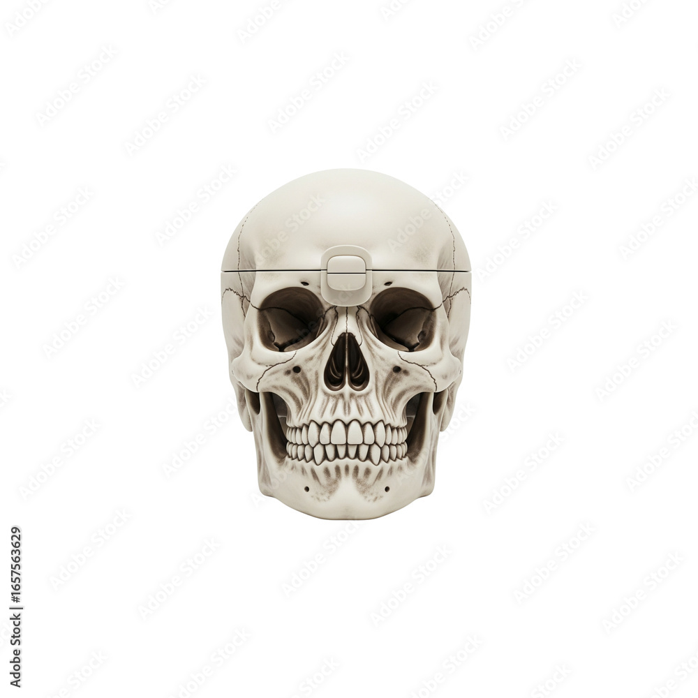 Fototapeta premium Scary human skull isolated on a white background with jaw and teeth