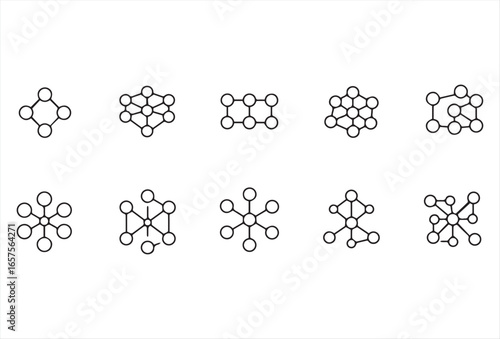 Collection of node and connection icons in outline design. Ideal for presentations, technology posters, digital apps, AI, data science, and internet of things (IoT) concepts. Modern look, versatile, a