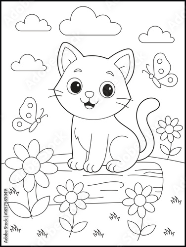 Happy Cat Sitting outside. Fun Black and White Printable Coloring Page for Children and Adults