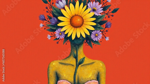 Sunflower-headed figure blooms boldly against vivid red surreal backdrop.
