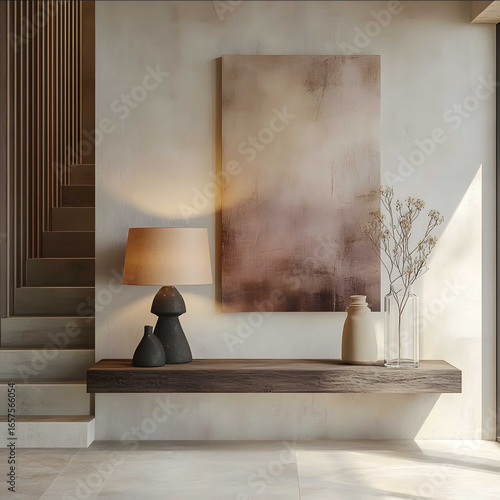 elegant home entrance in contemporary style The picture should show an offwhite wall with a light beige tiled floor On a modern wooden console set against the wall