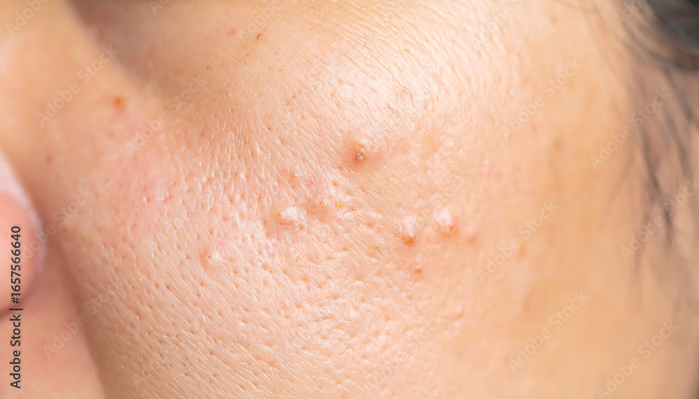 Fototapeta premium Close up of problematic skin with milia, whiteheads, and clogged pores, a common dermatology health concern.