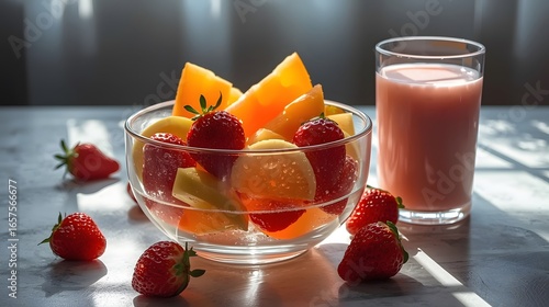 A glass bowl of colorful fresh fruit salad with strawberries, peach, and jelly pieces served alongside a refreshing glass of strawberry juice.
