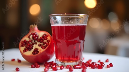 Fresh pomegranate juice in a glass cup with seeds and mint leaves, healthy and refreshing drink.