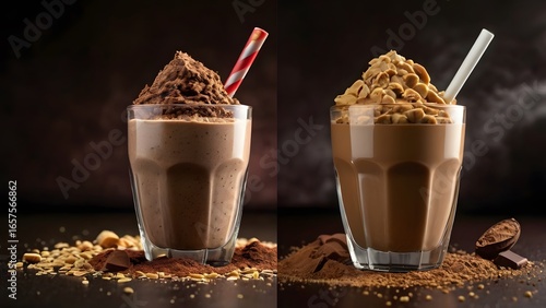 Delicious creamy chocolate and peanut milkshake in glasses with toppings on a dark background.