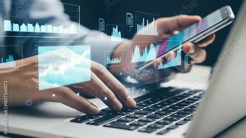 Person using digital tablet with laptop showing data analysis and futuristic technology