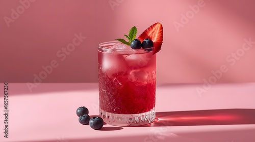 A fresh fruity beverage with ice, garnished with mint leaves, strawberries, and blueberries on a pink background.