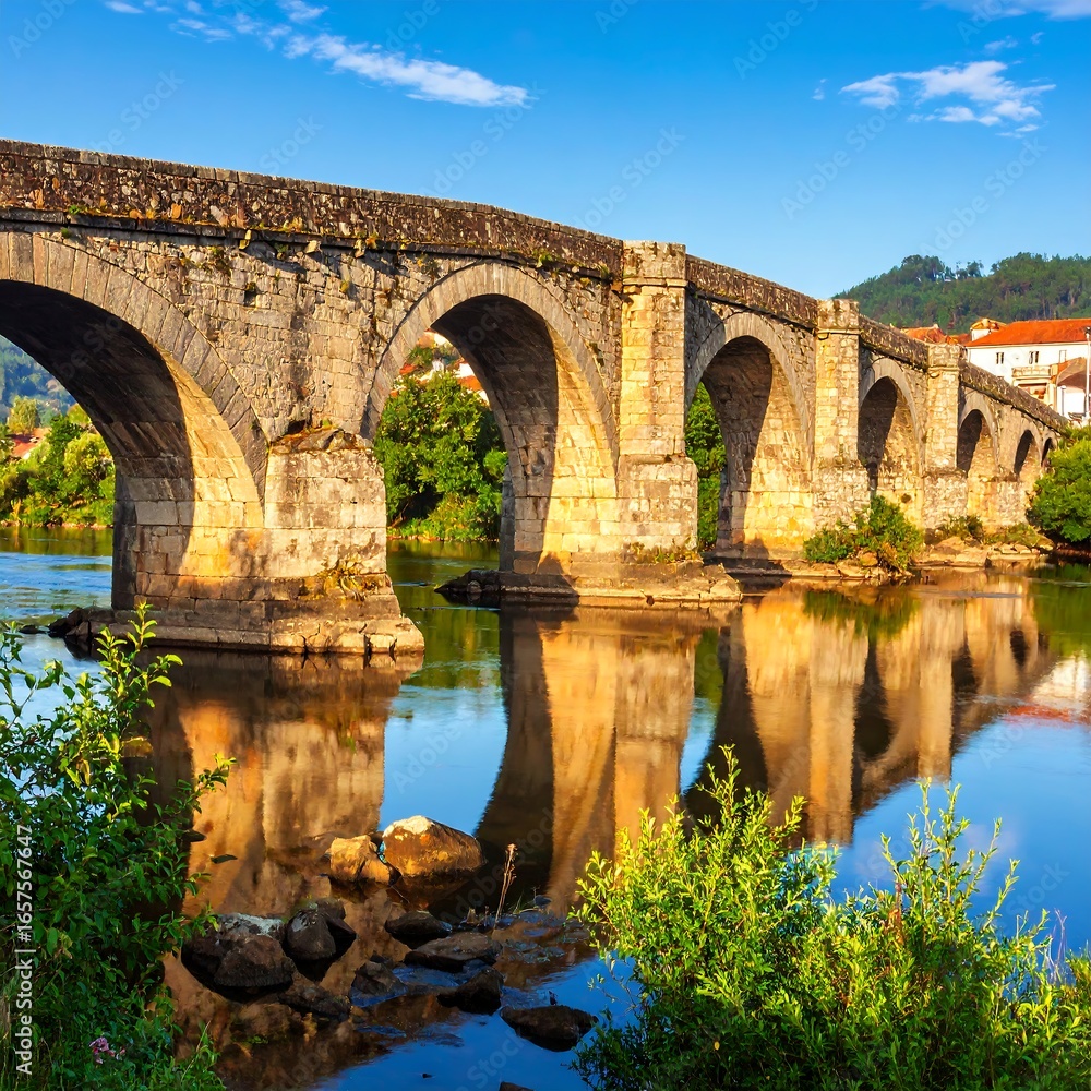 Fototapeta premium Ancient stone arch bridge spanning a calm river, reflecting the structure and surrounding landscape under a clear sky