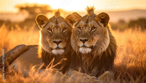 Two lions in golden sunlight