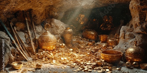 Pile of gold coins, shields, swords, golden vessels, and treasures in stone chamber lit by sunlight from above. Generative by AI.