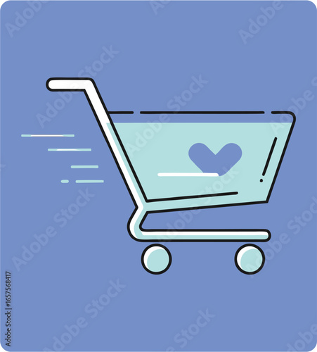 Light blue shopping cart with a heart symbol, moving quickly, depicted in a flat, minimalist style against a blue background.