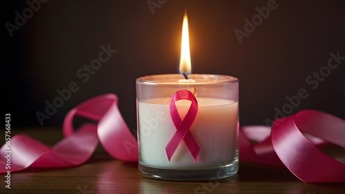 Realistic photo of glass candle decorated with pink ribbon for health awareness