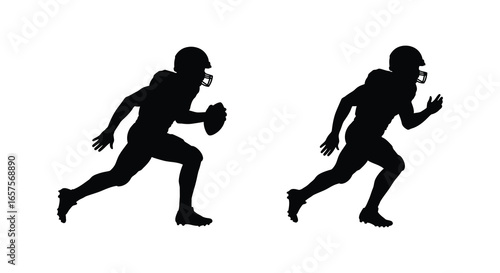Two american football players running with and without ball in silhouette