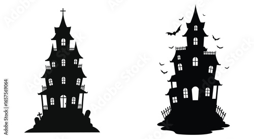 Two black silhouette haunted houses with bats and graveyard on white background