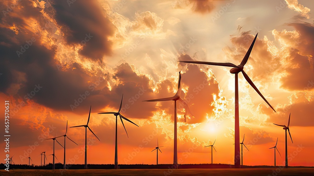 Obraz premium Majestic Wind Turbines at Sunset Over a Scenic Landscape with Dramatic Clouds and Warm Color Palette
