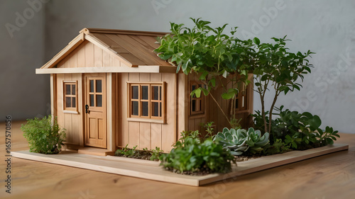 Minimal composition of wooden house surrounded by greenery for sustainability theme