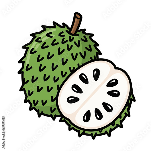 Illustration of a whole soursop fruit next to a halved soursop, showcasing its white flesh and black seeds.