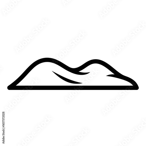 A minimalistic black and white illustration of a stylized mountain range with curved lines and peaks