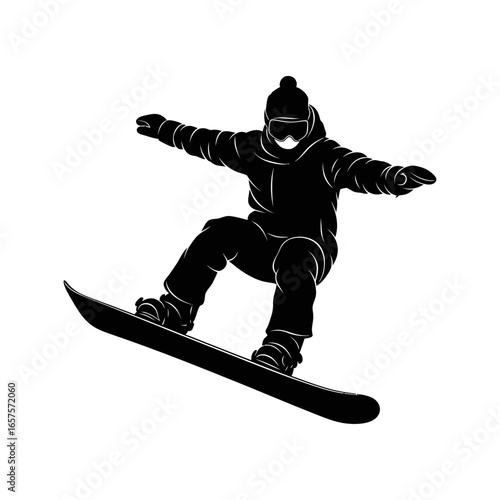 Silhouette of a snowboarder in action wearing a hat and goggles against a white background isolated