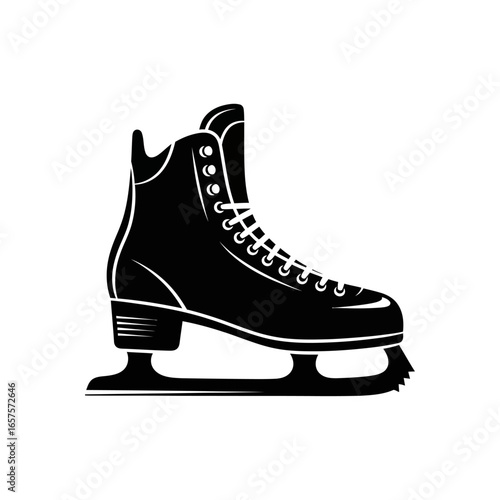 Illustration of a black ice skate with white laces and a blade on a white background design element