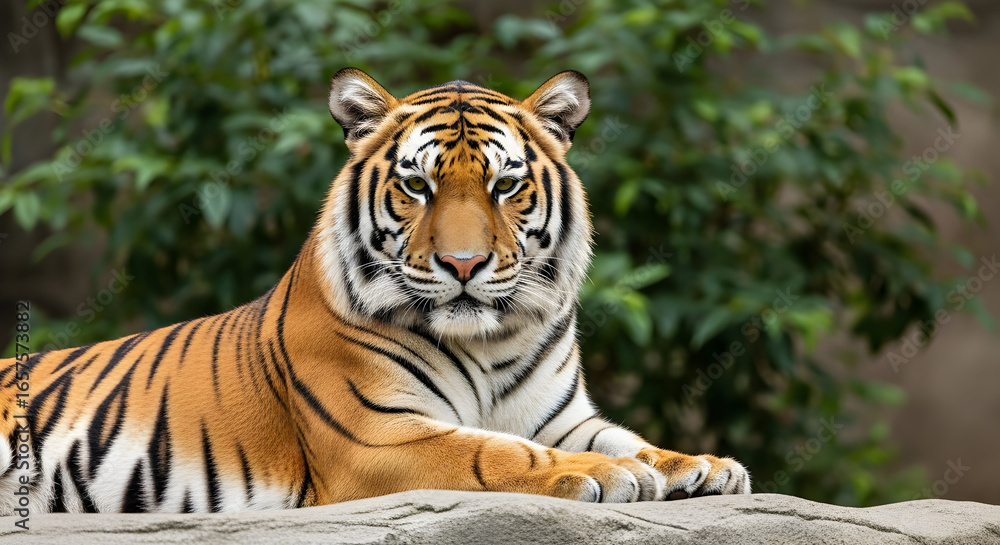 Fototapeta premium Majestic tiger portrait resting calmly with striking orange and black stripes in nature