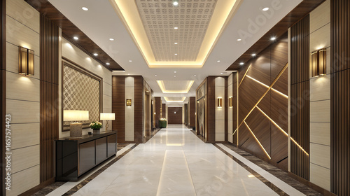 Luxurious modern hallway with elegant lighting and wood paneling