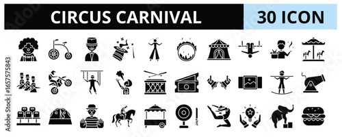 30 Circus Carnival Glyph Icons Vector - Magician, Pantomime, Trained Elephant, Clown, Burning Ring, Tightrope Walker