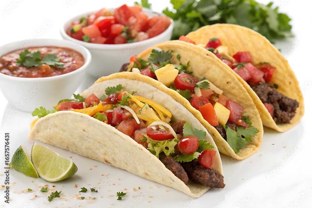 Three tacos with meat and vegetables on a white plate Three tacos with meat and vegetables on a white plate