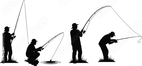 Silhouette vector of four fishermen casting rods, sitting and standing, outdoor fishing activity, isolated on white background, perfect for hobby illustrations