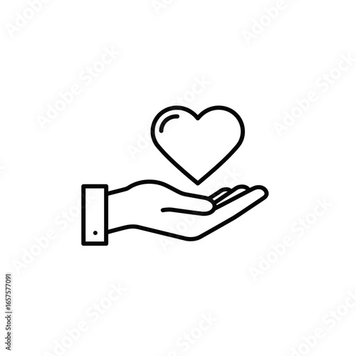 Simple black outline icon of an open hand with a shirt cuff holding a heart symbol.