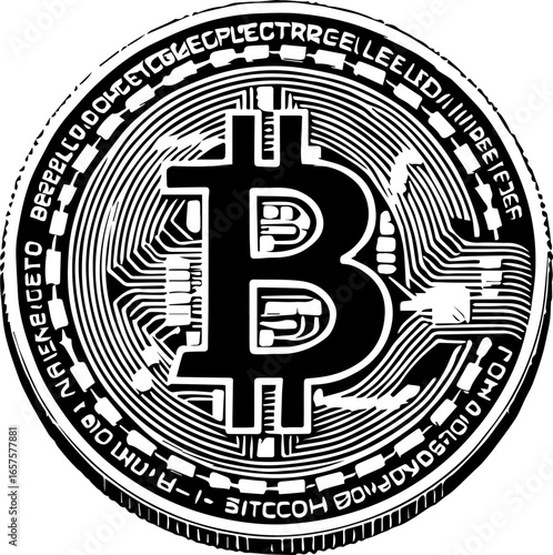 Detailed black and white bitcoin coin illustration with intricate circuit pattern and bold letter b