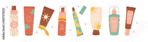 Sun safety collection. Set of sunscreen cosmetic bottles with SPF, hands applying sunblock lotion, smears of cream.