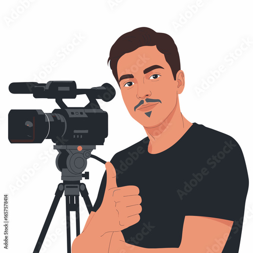 A male videographer with a mustache gives a thumbs-up next to his professional video camera on a tripod.
