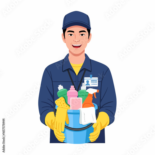 Smiling male cleaner holding cleaning supplies in a bucket, ready for work.
