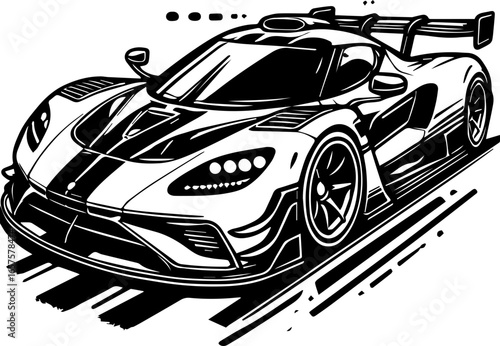 Illustration of a sleek sports car with a spoiler and racing stripes in black and white drawing style