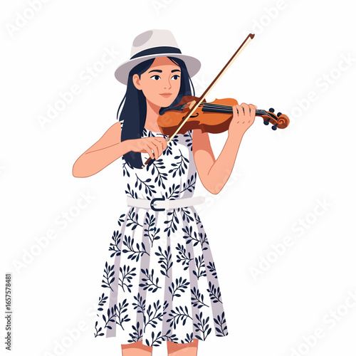 Young woman in summer dress playing violin, focused expression, white hat.