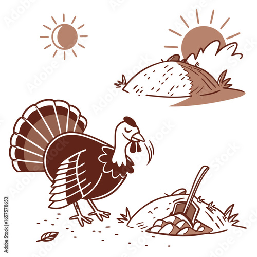 Turkey foraging in the garden under the sun with hills in background  