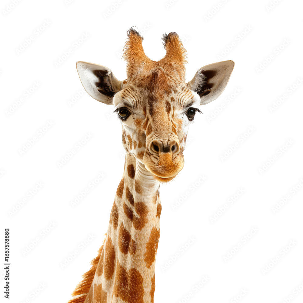 Naklejka premium Giraffe Head Portrait. Tall Animal Face Stares From Savanna Background