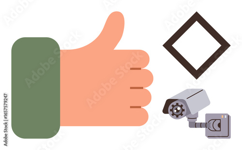 Hand showing thumbs-up, facing a surveillance camera and a diamond shape. Ideal for approval, security, monitoring, technology, trust, observation safety. Simple flat metaphor