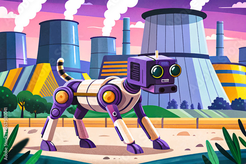 Futuristic robot dog with camera sensor patrolling a nuclear facility under clear sky, symbolizing advanced AI surveillance, robotics security, and modern defense technology solutions.